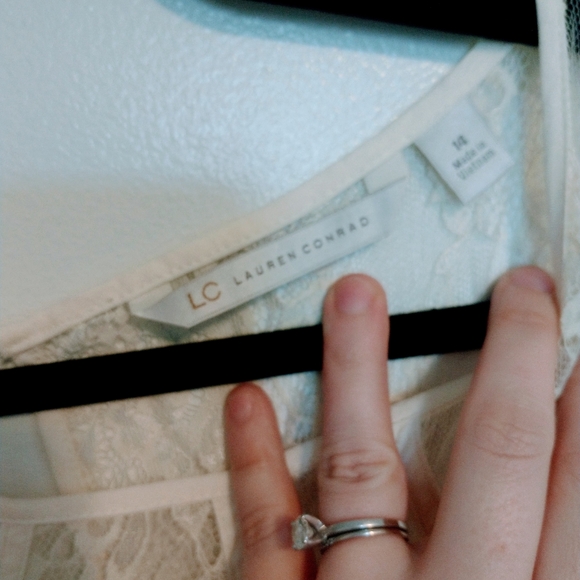 LC Lauren Conrad cream fit and flare dress with green floral pattern and lace de - Picture 5 of 6